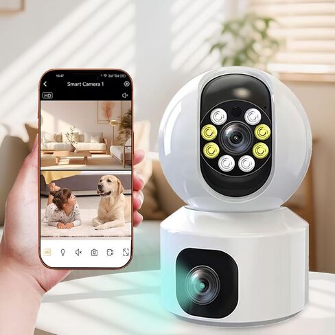 Security Cameras Indoor, Dual Lens Home Security Camera for Kids Pet Monitor, Wireless WiFi Camera Surveillance 360° Panorama, 2-Way Audio, Motion Tracking, IR Night Vision, Cloud & SD Card Storage in Kuwait