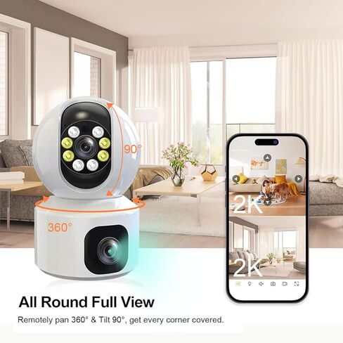 Security Cameras Indoor, Dual Lens Home Security Camera for Kids Pet Monitor, Wireless WiFi Camera Surveillance 360° Panorama, 2-Way Audio, Motion Tracking, IR Night Vision, Cloud & SD Card Storage in Kuwait