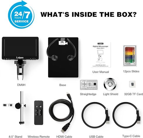 مجهر DM9H HDMI للعملات المعدنية مع شاشة IPS مقاس 7 بوصات، مجهر لحام تكبير 1200X، حامل أطول مقاس 8.5 بوصات، مكبر للعملات المعدنية مع بطاقة 32 جيجابايت، متوافق مع Windows/Mac/TV in Kuwait