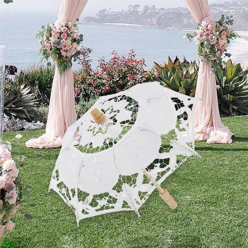 Wedding Lace Parasol Elegant Ivory Lace Wedding Parasol Vintage Bridal Umbrella Sunshade for Photoshoots and Women in Kuwait