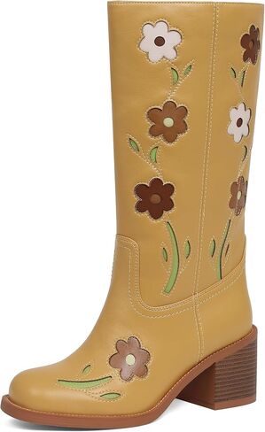 VIMISAOI Wide calf Mid Calf Boots Women Flower Embroidered Fall Boots | Flower Embroidered·2.5'' Comfortable Chunky Heels·Square Toe·Slip on·PU Leather-3 Colors,Jeans to Dresses,Concert and Party in Saudi Arabia
