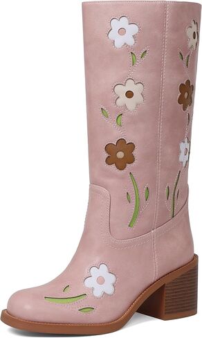 VIMISAOI Wide calf Mid Calf Boots Women Flower Embroidered Fall Boots | Flower Embroidered·2.5'' Comfortable Chunky Heels·Square Toe·Slip on·PU Leather-3 Colors,Jeans to Dresses,Concert and Party in Saudi Arabia