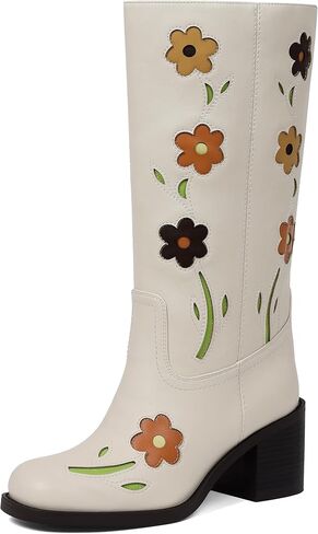 VIMISAOI Wide calf Mid Calf Boots Women Flower Embroidered Fall Boots | Flower Embroidered·2.5'' Comfortable Chunky Heels·Square Toe·Slip on·PU Leather-3 Colors,Jeans to Dresses,Concert and Party in Saudi Arabia