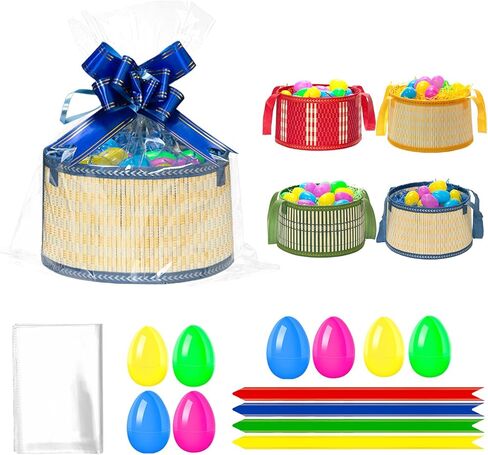 4Sets Large Easter Basket Easter Baskets for kids Foldable Easter Baskets with Handle Ribbon Cellophane Bags 12 Colorful Eggs for Easter Egg Hunt Baskets for Gifts Empty in Kuwait