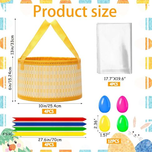 4Sets Large Easter Basket Easter Baskets for kids Foldable Easter Baskets with Handle Ribbon Cellophane Bags 12 Colorful Eggs for Easter Egg Hunt Baskets for Gifts Empty in Kuwait