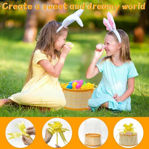 4Sets Large Easter Basket Easter Baskets for kids Foldable Easter Baskets with Handle Ribbon Cellophane Bags 12 Colorful Eggs for Easter Egg Hunt Baskets for Gifts Empty in Kuwait