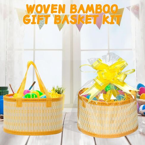 4Sets Large Easter Basket Easter Baskets for kids Foldable Easter Baskets with Handle Ribbon Cellophane Bags 12 Colorful Eggs for Easter Egg Hunt Baskets for Gifts Empty in Kuwait