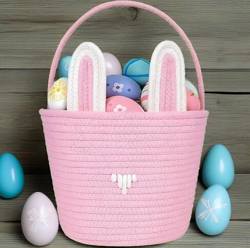 Easter Bunny Basket Easter Buckets for Kids with Ear, Easter Egg Hunt Basket Bags Easter Gifts for Girls Baby Kids Children Pink White 9.8 x 7.8 x 7.8"(White Basket Pink Ear) in Kuwait