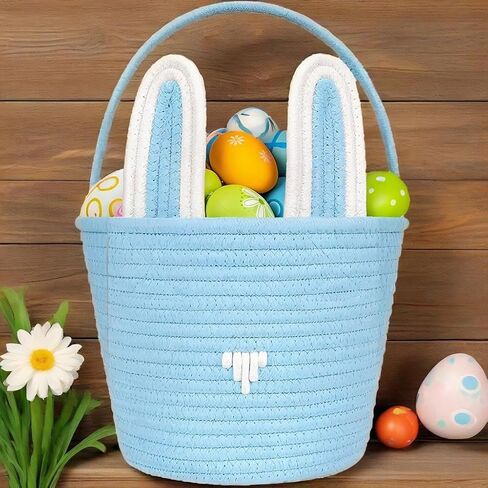 Easter Bunny Basket Easter Buckets for Kids with Ear, Easter Egg Hunt Basket Bags Easter Gifts for Girls Baby Kids Children Pink White 9.8 x 7.8 x 7.8"(White Basket Pink Ear) in Saudi Arabia