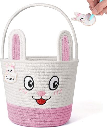 Easter Basket for Kids, Bunny Egg Hunt Bag, Soft Reusable Easter Gift with Handle and Name Tag for Toddlers Boys Girls (pink) in Saudi Arabia
