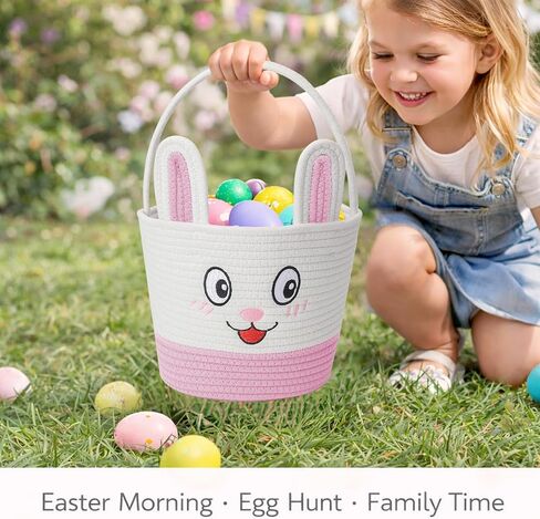 Easter Basket for Kids, Bunny Egg Hunt Bag, Soft Reusable Easter Gift with Handle and Name Tag for Toddlers Boys Girls (pink) in Saudi Arabia