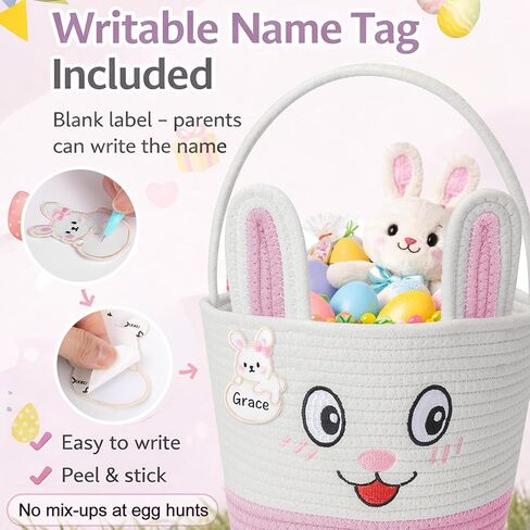 Easter Basket for Kids, Bunny Egg Hunt Bag, Soft Reusable Easter Gift with Handle and Name Tag for Toddlers Boys Girls (pink) in Saudi Arabia