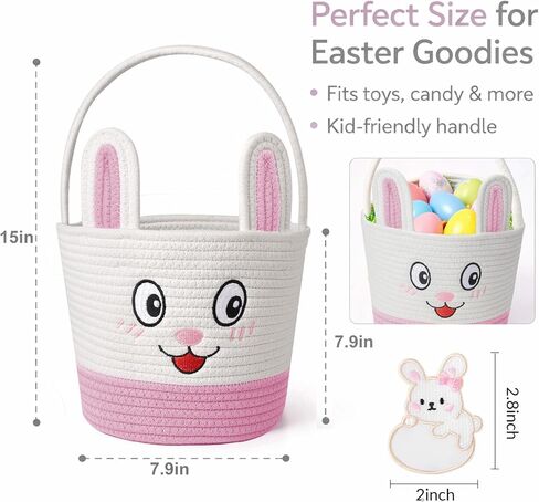 Easter Basket for Kids, Bunny Egg Hunt Bag, Soft Reusable Easter Gift with Handle and Name Tag for Toddlers Boys Girls (pink) in Saudi Arabia