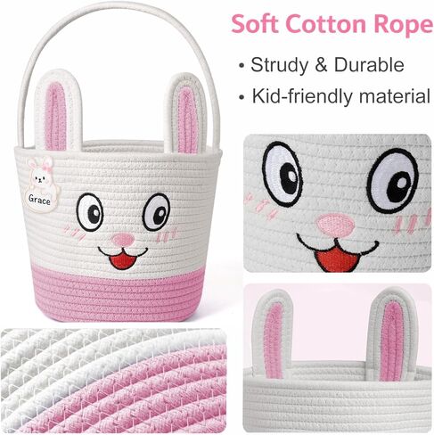 Easter Basket for Kids, Bunny Egg Hunt Bag, Soft Reusable Easter Gift with Handle and Name Tag for Toddlers Boys Girls (pink) in Saudi Arabia