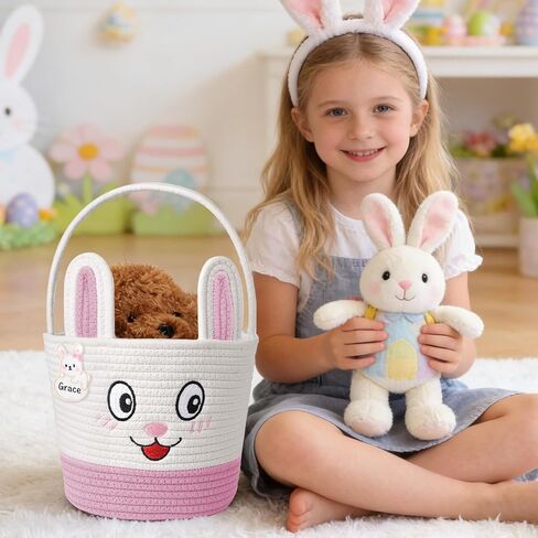 Easter Basket for Kids, Bunny Egg Hunt Bag, Soft Reusable Easter Gift with Handle and Name Tag for Toddlers Boys Girls (pink) in Saudi Arabia