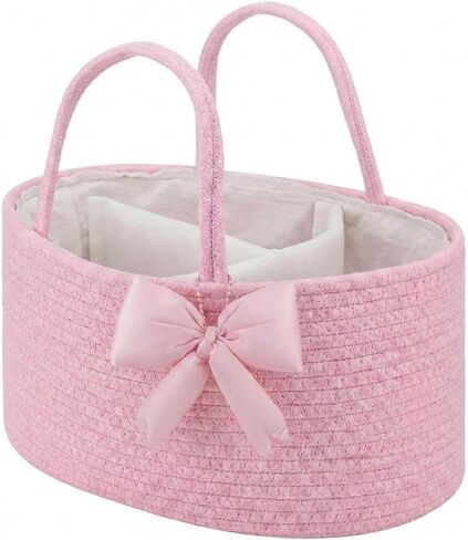 Hushee Pink Bow Baby Diaper Caddy Organizer Baby Gift Bag with Handle Nursery Diaper Basket Organizer for Newborn Boy and Girl Storage Bin for Diapers Wipes New Mom Gift in Kuwait