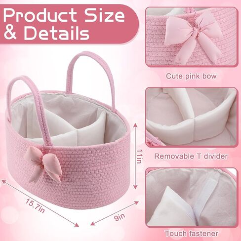 Hushee Pink Bow Baby Diaper Caddy Organizer Baby Gift Bag with Handle Nursery Diaper Basket Organizer for Newborn Boy and Girl Storage Bin for Diapers Wipes New Mom Gift in Kuwait