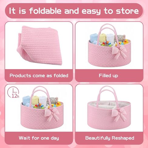 Hushee Pink Bow Baby Diaper Caddy Organizer Baby Gift Bag with Handle Nursery Diaper Basket Organizer for Newborn Boy and Girl Storage Bin for Diapers Wipes New Mom Gift in Kuwait