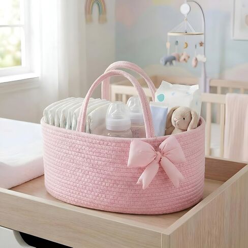 Hushee Pink Bow Baby Diaper Caddy Organizer Baby Gift Bag with Handle Nursery Diaper Basket Organizer for Newborn Boy and Girl Storage Bin for Diapers Wipes New Mom Gift in Kuwait