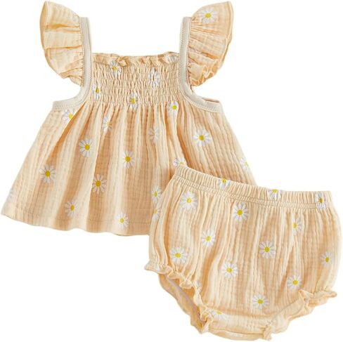 Twopumpkin Baby Summer Clothes Girl 0 3 6 9 12 18 Month Daisy Outfits Cute Smocked Top Bloomer Bummies Shorts Sets in Kuwait