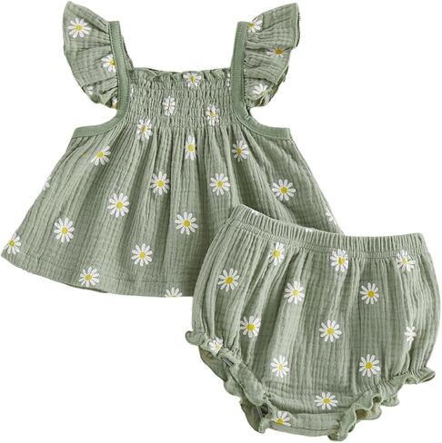 Twopumpkin Baby Summer Clothes Girl 0 3 6 9 12 18 Month Daisy Outfits Cute Smocked Top Bloomer Bummies Shorts Sets in Saudi Arabia