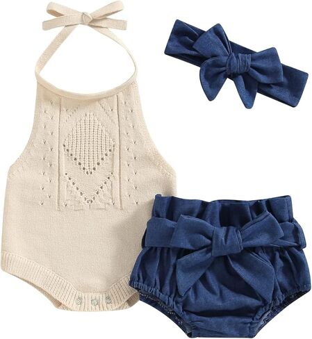 Infant Baby Girl Summer Clothes Solid Color Sleeveless Halter Neck Tie Up Knit Romper Denim Shorts Headband 3Pcs Set in Kuwait