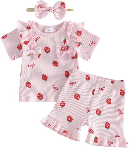 Lefyira Baby Girl Summer Clothes Strawberry Print Top Shorts Set Short Sleeve Shirt Ruffle Bloomers Toddler Birthday Outfit in Kuwait