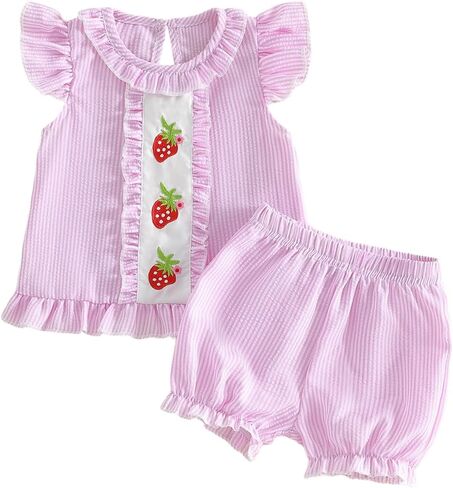 Lefyira Baby Girl Summer Clothes Strawberry Print Top Shorts Set Short Sleeve Shirt Ruffle Bloomers Toddler Birthday Outfit in Kuwait
