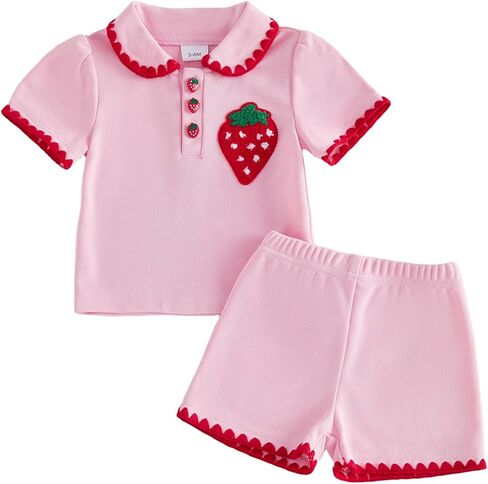 Lefyira Baby Girl Summer Clothes Strawberry Print Top Shorts Set Short Sleeve Shirt Ruffle Bloomers Toddler Birthday Outfit in Kuwait