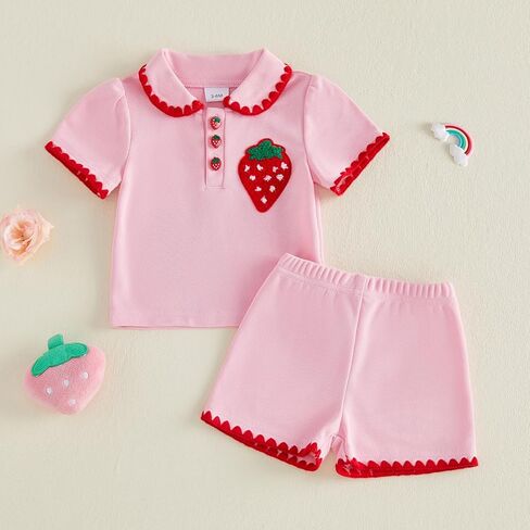 Lefyira Baby Girl Summer Clothes Strawberry Print Top Shorts Set Short Sleeve Shirt Ruffle Bloomers Toddler Birthday Outfit in Kuwait