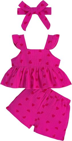 VARMILO Toddler Girl Cotton Heart Print Outfit Set,Ruffled Sleeveless Top, Matching Shorts & Bow Headband for Baby Girls in Kuwait