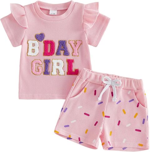 Kayotuas Toddler Baby Girl Birthday Outfit Donut Birthday Girl Shirt Ruffle Sleeve T-shirt Top Shorts Set Cute Summer Clothes in Kuwait