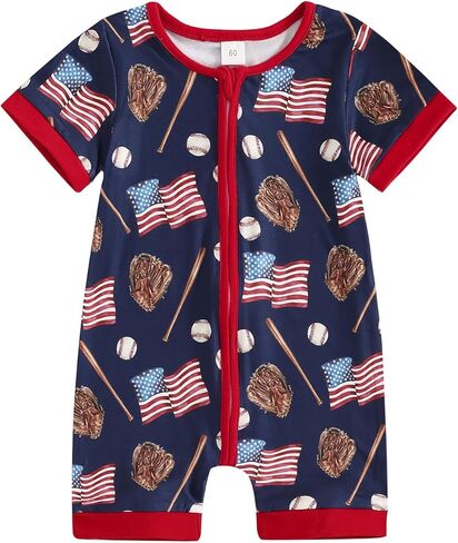 BULINGNA Baby Boy 4th of July Outfit Short Sleeve Baseball American Flag Jumpsuit Summer Zip Up Patriotic Romper in Kuwait