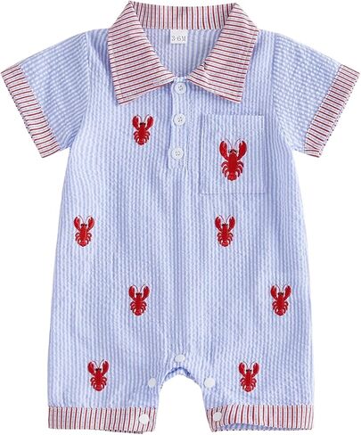 Newborn Infant Baby Boy Summer Outfit Short Sleeve Button Down Romper Jumpsuit Embroidered Crawfish Onesie Clothes in Kuwait