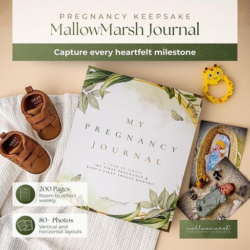 دفتر يومية الحمل من MallowMarsh™‎ لمدة 40 أسبوعًا مع معالم السنة الأولى للطفل + وسادة حبر ليد الطفل وبصمات أقدامه - كتاب ذكريات الحمل للأمهات لأول مرة - تذكار الحمل وهدية الأم الجديدة in Kuwait