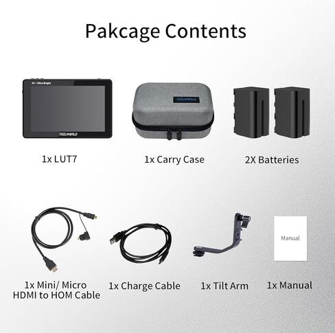 FEELWORLD LUT7 7 Inch Camera Field Monitor 2200nits 1920x1200 Touch Screen + Dual F750 Battery HDMI Mini Cords+Carry Case Compatible for DSLR Cameras,Mirrorless Camera in Kuwait