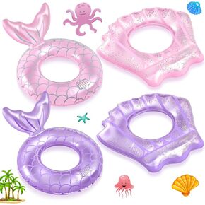 Juexica 4 Pack Mermaid Pool Rings Shell Swimming Float Tube قابلة للتنفيذ بريق حلقة البليار in Kuwait