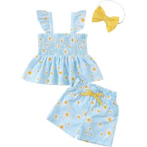 Mioglrie Toddler Baby Girl Summer Clothes Infant Spring Outfits Ruffle Sleeveless Shirt Baby Shorts Headband Clothing Set in Kuwait