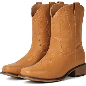 IUV Cowboy Boots for Women Square Toe Cowgirl Boots Ankle Low Chunky Heel Classic Embroidered Western Booties in Kuwait