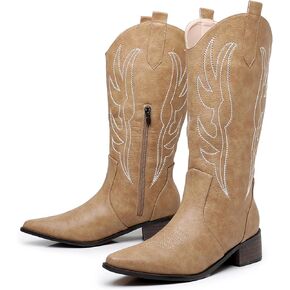 Cowboy Boots for Women, Pointed Toe Chunky Heel Western Boots, Mid Calf Embroidered Side Zip Brown Red Cowgirl Boots in Saudi Arabia