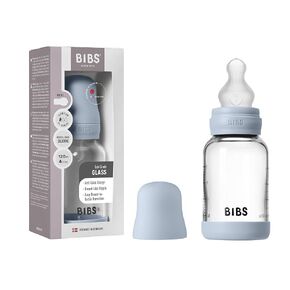 BIBS Baby Glass Bottle. 4 US fl oz / 120 ml. Anti-Colic. Vented Round Silicone Nipple. Supports Natural Breastfeeding, Slow Flow, Complete Set - Baby Blue in Kuwait