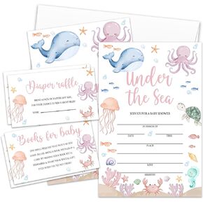 دعوات استحمام للأطفال من Under the Sea للفتيات الصبيان، دعوات استحمام الأطفال من Ocean Animal Boy Girl لتذاكر يانصيب الحفاضات، بطاقات طلب كتاب تملأ فارغة (25 قطعة ومغلفات)/مجموعة-10 in Kuwait