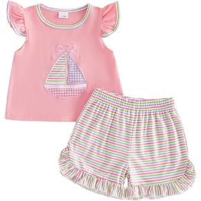 Toddler Girls Clothes Sailboat Crew Neck Flying Sleeve Tops Striped Shorts 2Pcs Set Summer Baby Girl Outfits in Saudi Arabia