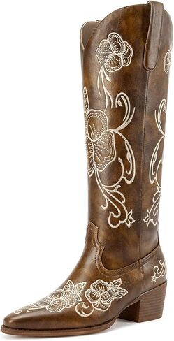 TNYNFBEB Womens Block Low Heel Knee High Square Toe riding Floral Embroidery Western Cowgirl Boots 2.2 Inches Heels in Kuwait