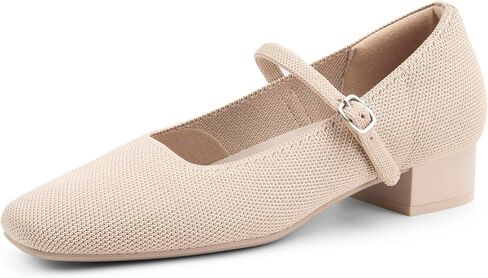 Women's Mary Jane Pumps Chunky Heel Ankle Strap Dress Shoes Knit Stretchy Square Toe Casual Office Low Heels in Kuwait