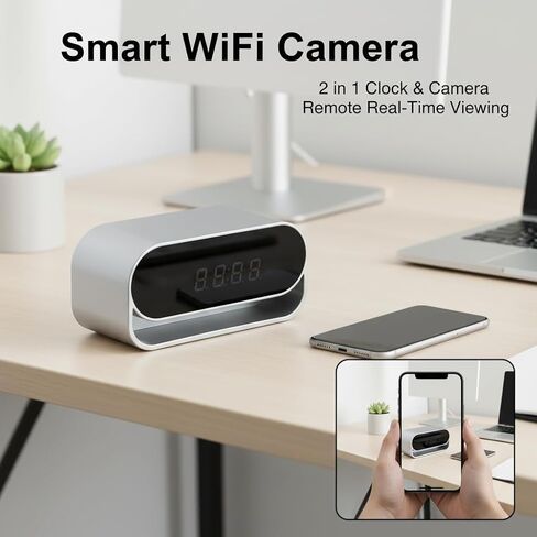 ULar 4K UHD Clock Camera, WiFi6 & AP Hotspot, Remote Live View, 2600mAh Battery, Motion Detection, HD Night Vision, Home Security Monitor, No Audio in Kuwait