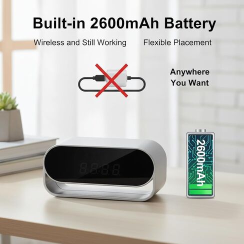 ULar 4K UHD Clock Camera, WiFi6 & AP Hotspot, Remote Live View, 2600mAh Battery, Motion Detection, HD Night Vision, Home Security Monitor, No Audio in Kuwait