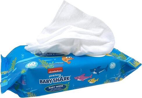 Baby Shark 60ct Baby Wipes with Aloe & Vitamin E - 24 pack in Kuwait