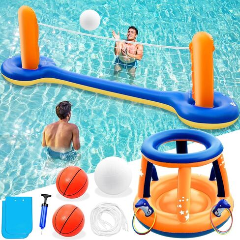 مجموعة ألعاب Jasonwell Pool Toys - 3 في 1 حمام سباحة كرة طائرة كرة سلة Net Basketball Ring Toss Troam Game Flatable Floats Floating Bolley Colling Pools Party Game Association in Saudi Arabia