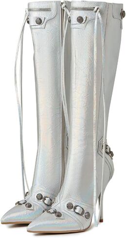 Lyrisiphy Knee High Boots for Women Pointed Toe Stiletto Heels Side Zipper Rivets Tassels Boots Fashion Dress Party Boots Mid Calf Boots in Kuwait